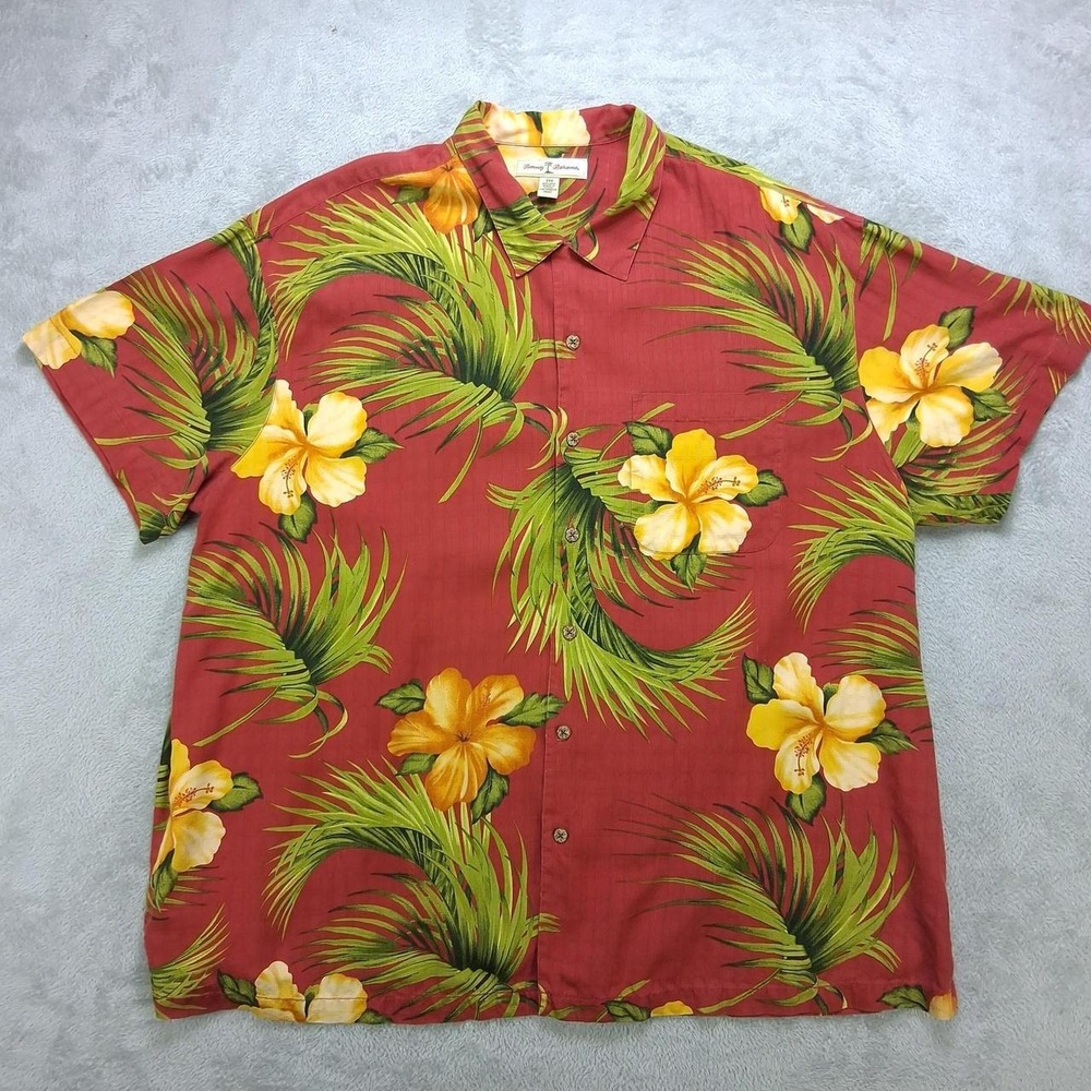 Tommy Bahama Mens 3XB Red Floral Silk Hawaiian Camp Shirt Tropical Hibiscus